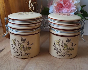 Vintage Set of 2 Butterfly Stoneware Crock Seal & Wire Bail Hinged Container Teleflora Canisters Jars
