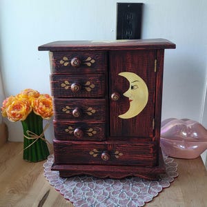 Vintage RARE Wood Jewelry Trinket Box Chest Hand Painted Celestial Sun Moon & Stars Unique Shape