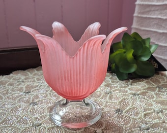 Vintage Pink Frosted Tulip Vase Glass l Postmodern Pedestal Flower Bowl l Candle Holder