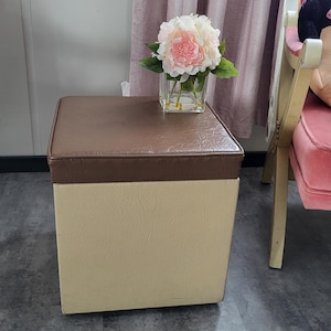 Vintage Beige & Brown Vinyl Storage Ottoman Mid Century Modern Sewing Box Cube Foot Stool Vintage Living Room Hassock Home Beautiful