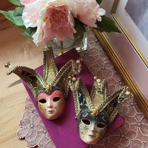Vintage Pair of Venetian Jester Mask Decorated with pearl and gold colors - Made in Italy joker carnival mask made and decorated by hand