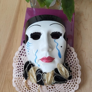 Vintage Ceramic Pierrot Clown/Harlequin Decorative Wall Mask Handpainted with Ribban