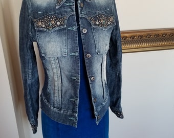 Veste vintage en jean Parasuco Denim Legend de l'an 2000 pour femme Taille S à bouton clouté embelli.