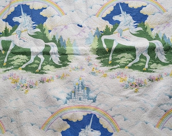 Vintage NOS Rare Beacon MFG Compagny Unicorn & Rainbow Bed Cover Big Blanket Made in USA