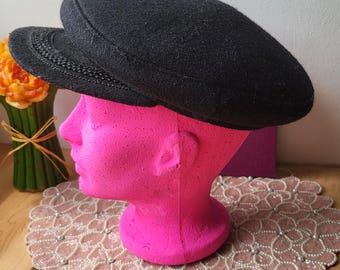 Vintage Greek Fisherman’s Cap Black Wool Filigree Braided Bill Non Gender Hat Old Man of the Sea Lighthouse Keeper Boat Captain Size M.