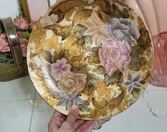 Vintage dekorativ tallrik med gyllene pion – Handmålad taiwanesisk dekorativ tallrik i blommigt porslin