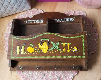 Vintage 70s Wood Wall Mount Letter Holder: Mail Storage Organizer