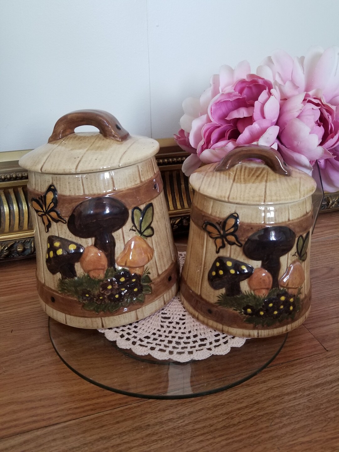 Vintage Set of 2 Mushroom Jars Merry Mushroooms 3D Habdmade in 1981