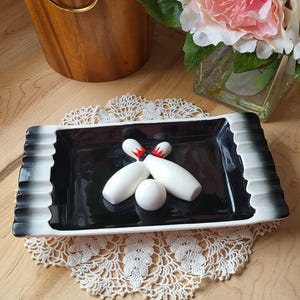 MCM Vintage Ceramic Ashtray with Bowling Art Made in Japan ESD Hand Painted HP22793