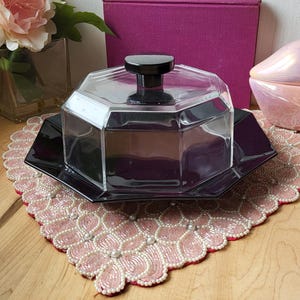 French Vintage Octime Arcopal Black and Clear Glass Cake Plate and Dome Cheese Plate Cloche Dining Display Angular