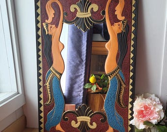 Specchio vintage grande con dea sirena balinese, intagliato a mano, in legno indonesiano, 24" x 16"
