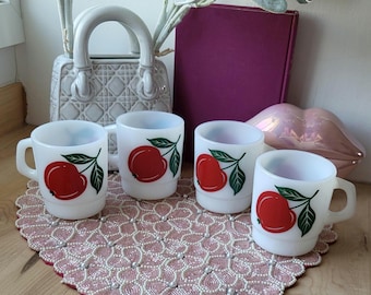 Vintage Rare Termocrisa Mugs Milk Glass Cherry Set of 4
