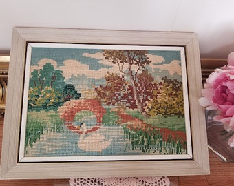 Vintage Cross Stich Tapestry Landscape with Swan