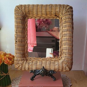 Vintage Old Mirror in Rattan Wicker 1960 Rectangular. 60s Retro Mirror.