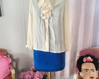 Vintage 70s Pale Yellow Shoulder Pads Top Women M Ruffle Neck Blouse Victorian Prairie S/M