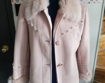 Vintage Soft Pink Coat Jacket Pink Faux Suede Pink Faux Fur