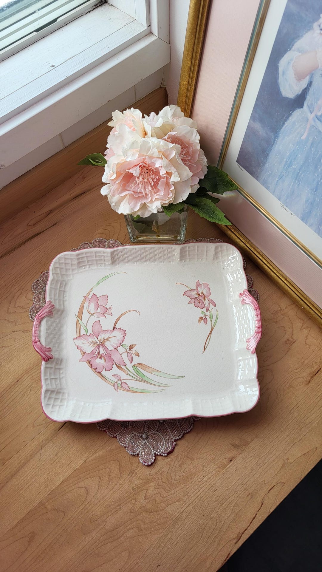 Vintage Japanese Floral Ceramic Rectangular Tray. Japan Service