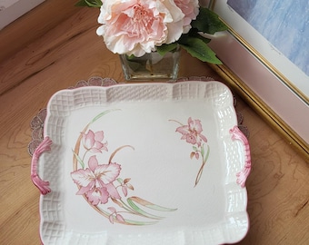 Vintage Japanese Floral Ceramic Rectangular Tray. Japan Service Platter Pink Flower Trinket Dish Serving Plate Tea Party. Made in Japan.