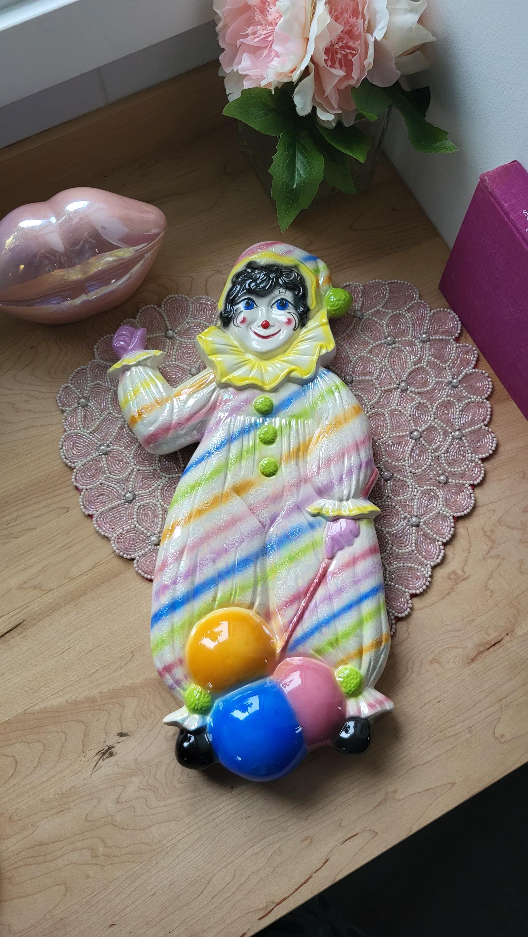Vintage Large Clown Pierrot Mime Wall Hanging Iridescent Colorful