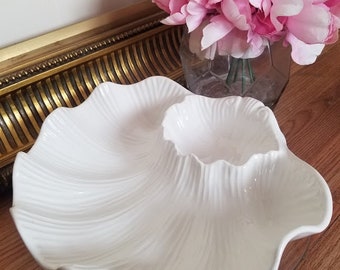 Vintage White Pottery Large Chips Dip Clam Shell Dish Veggie Dip Shrimp Cocktail JAPAN - Barbeque Patio Party Luau Tiki