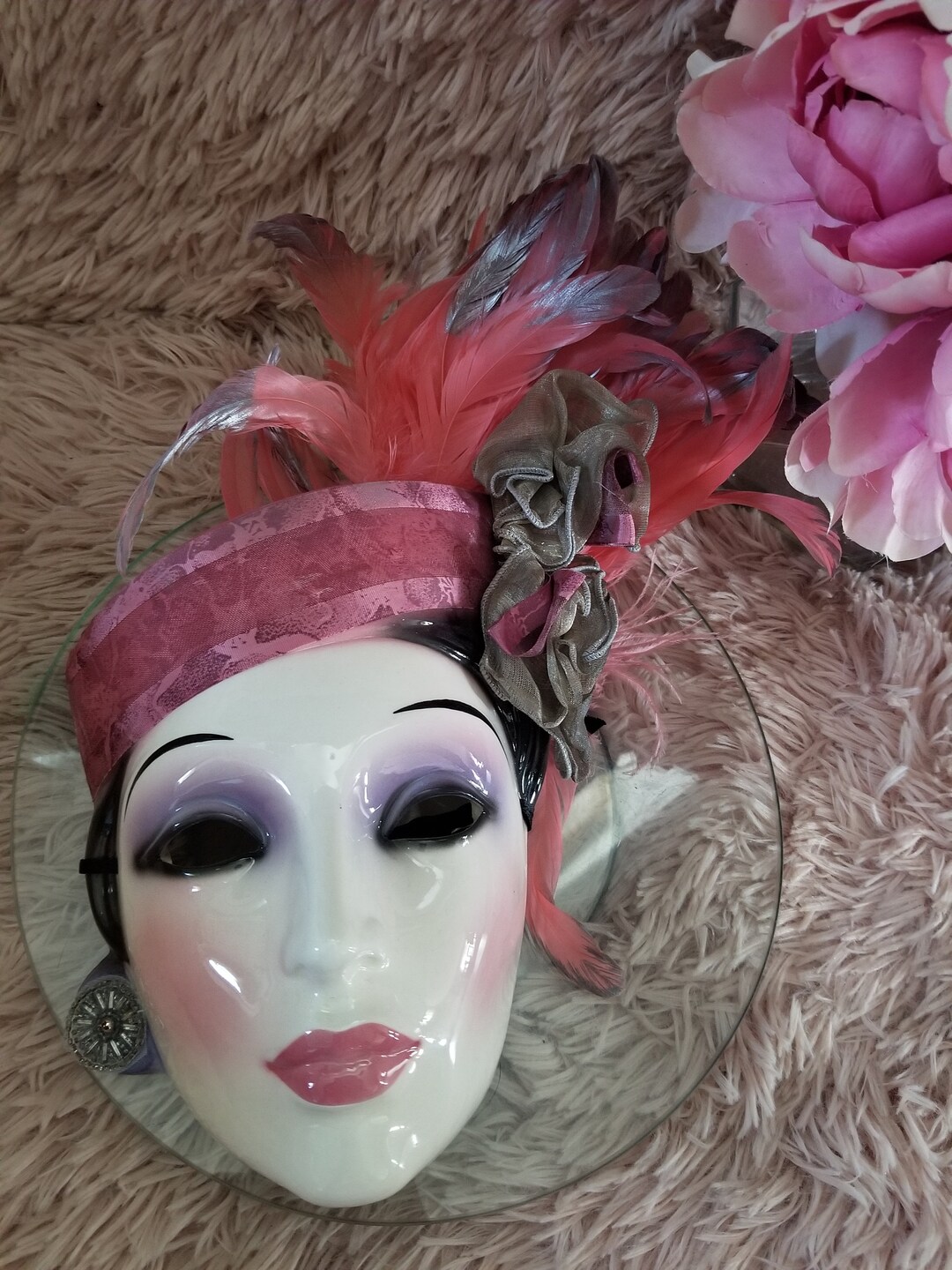 Vintage Clay Art Mask Lady Mask Unique Wall Hanging Feather Retro 80's