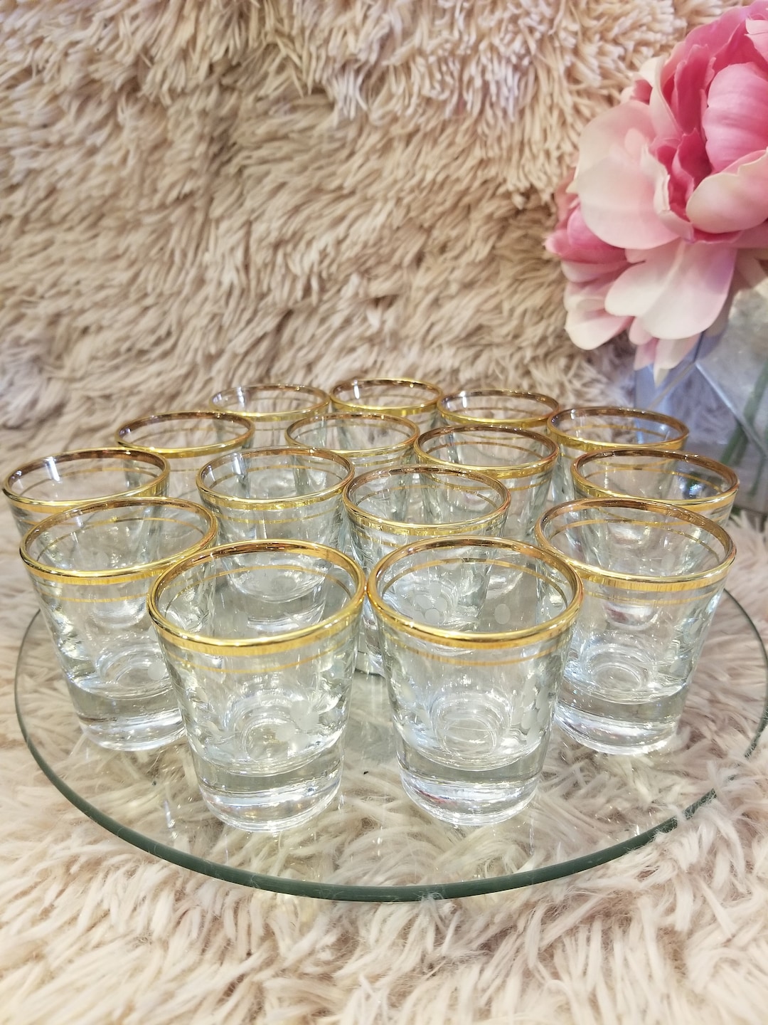 Vintage Set of 15 Shot Glasses Gold Rimmed Drinking Glasses/ Christmas