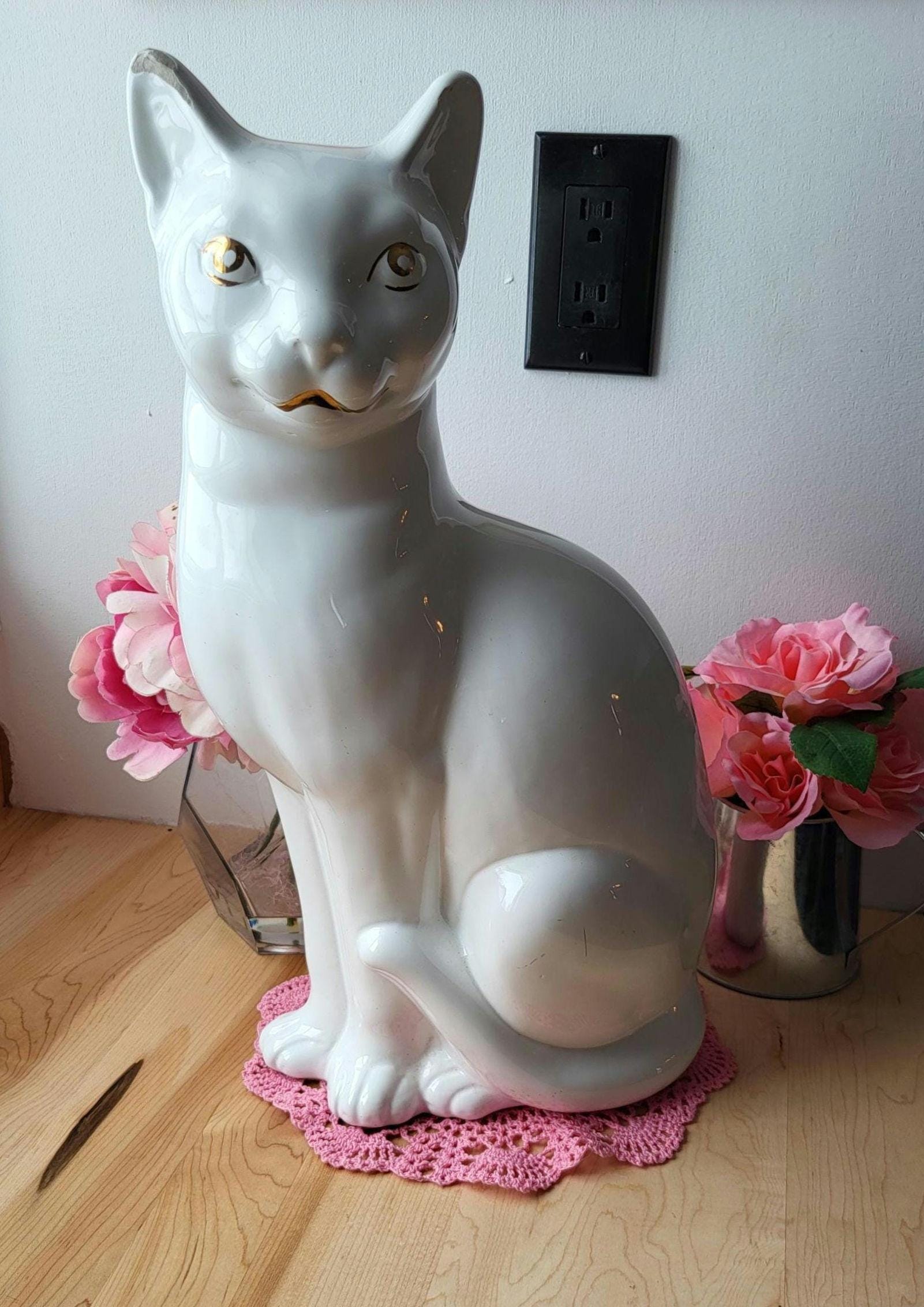 Vintage Tall Cat Figurine in White Glazed Ceramic Mid Century