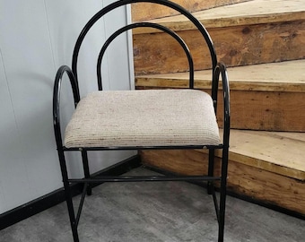 Vintage Black Vanity Metal Chair. Beige Cushion. Bedroom Vanity.