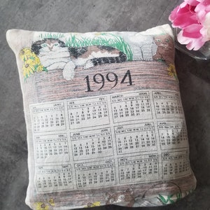 Cat Pillow 1994 & 1991 Calendar Old Cloth Fabric Repurposed Antique Vintage Upcycle Cat Lovers Kitten Pillow Cottage Chic Ivory