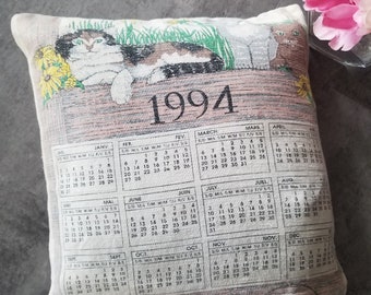 Cat Pillow 1994 & 1991 Calendar Old Cloth Fabric Repurposed Antique Vintage Upcycle Cat Lovers Kitten Pillow Cottage Chic Ivory