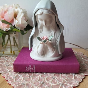 Madonna Night Light, Mary Holding Rose, Lighted Porcelain Mary