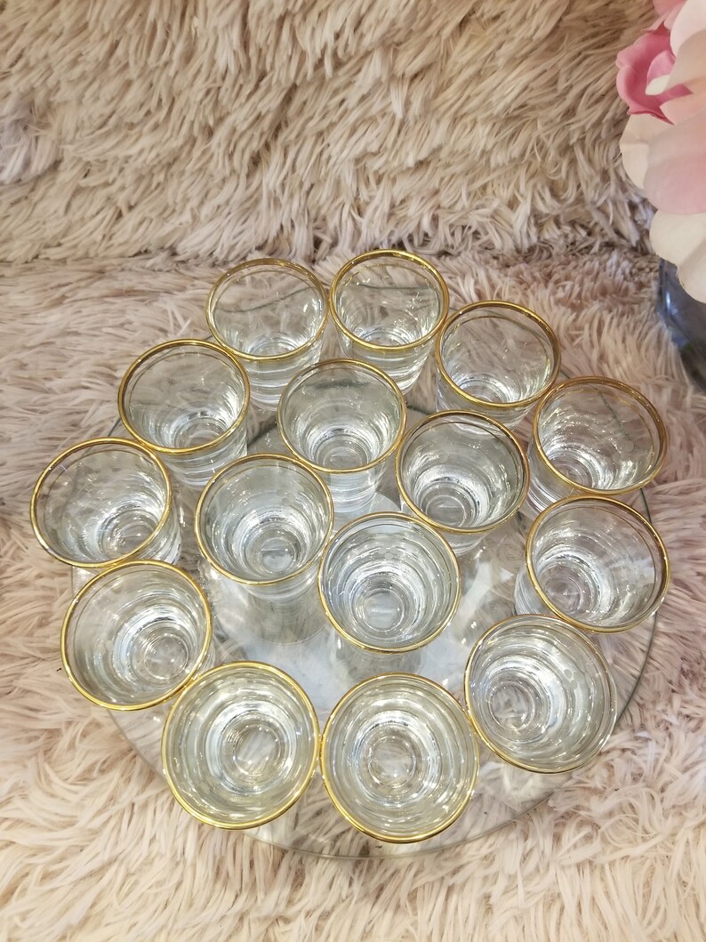 Vintage Set of 15 Shot Glasses Gold Rimmed Drinking Glasses/ Etsy