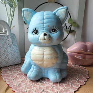 Vintage Blue Kitty Cat Cookie Jar Made in Taiwan Kitsch