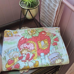 Peut inclure: Un tissu plié présentant une illustration colorée d'un personnage aux cheveux bruns portant un chapeau et une robe à motifs de fraises, près d'une grande maison en forme de fraise, d'un chat blanc et d'une clôture blanche sur fond blanc.