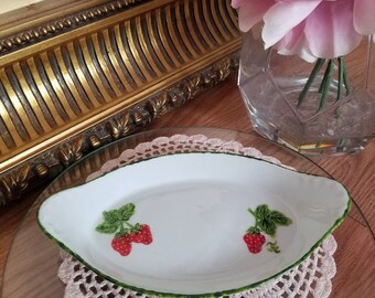 Vintage Strawberries Serving Plate Handpainted White Porcelain Made in France