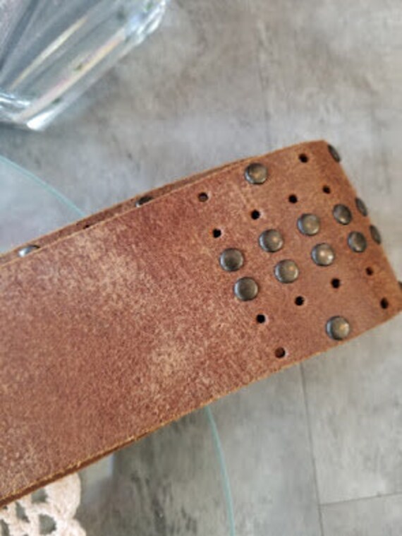 Vintage Y2K Simons Brown Studded Leather Brass Buckle Wide  display picture 1