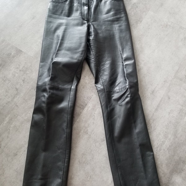 vintage 90's Women's Black Leather Pants Jeans Rider Biker Pants Pantalon Perfect Fit Taille 32 Comme neuf Mouton Noir Marque