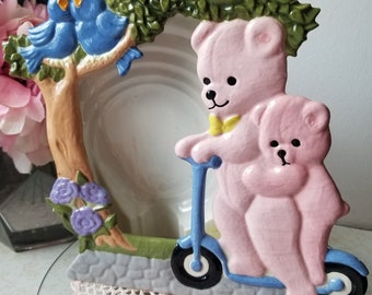 Vintage Ceramic Picture Frame with Bears and Pastel Colors Kitch or could be a Light