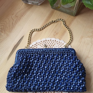 RESERVED Vintage 50s Midnight Blue Woven Raffia & Beads Clutch purse by Stein Made in Japan