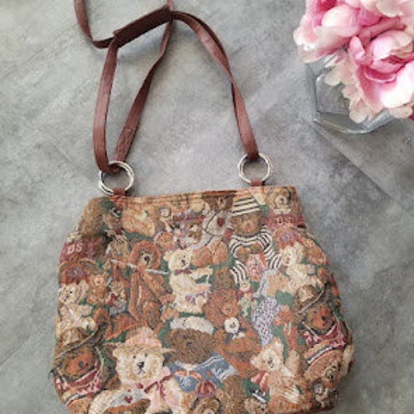 Vintage 90's Teddy Bear Retro Needlepoint Purse Handbag Crossbody Bag