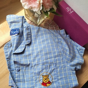 Vintage 90&#39;s Winnie the Pooh Embroidered Winnie Pocket Blue Plaided Pajama Size Small