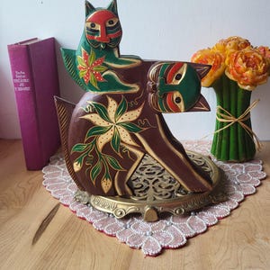 Vintage Laurel Burch Style Cat Figurine Collectible Wooden Cat Wooden Statue Figure Sculpture Home Decor