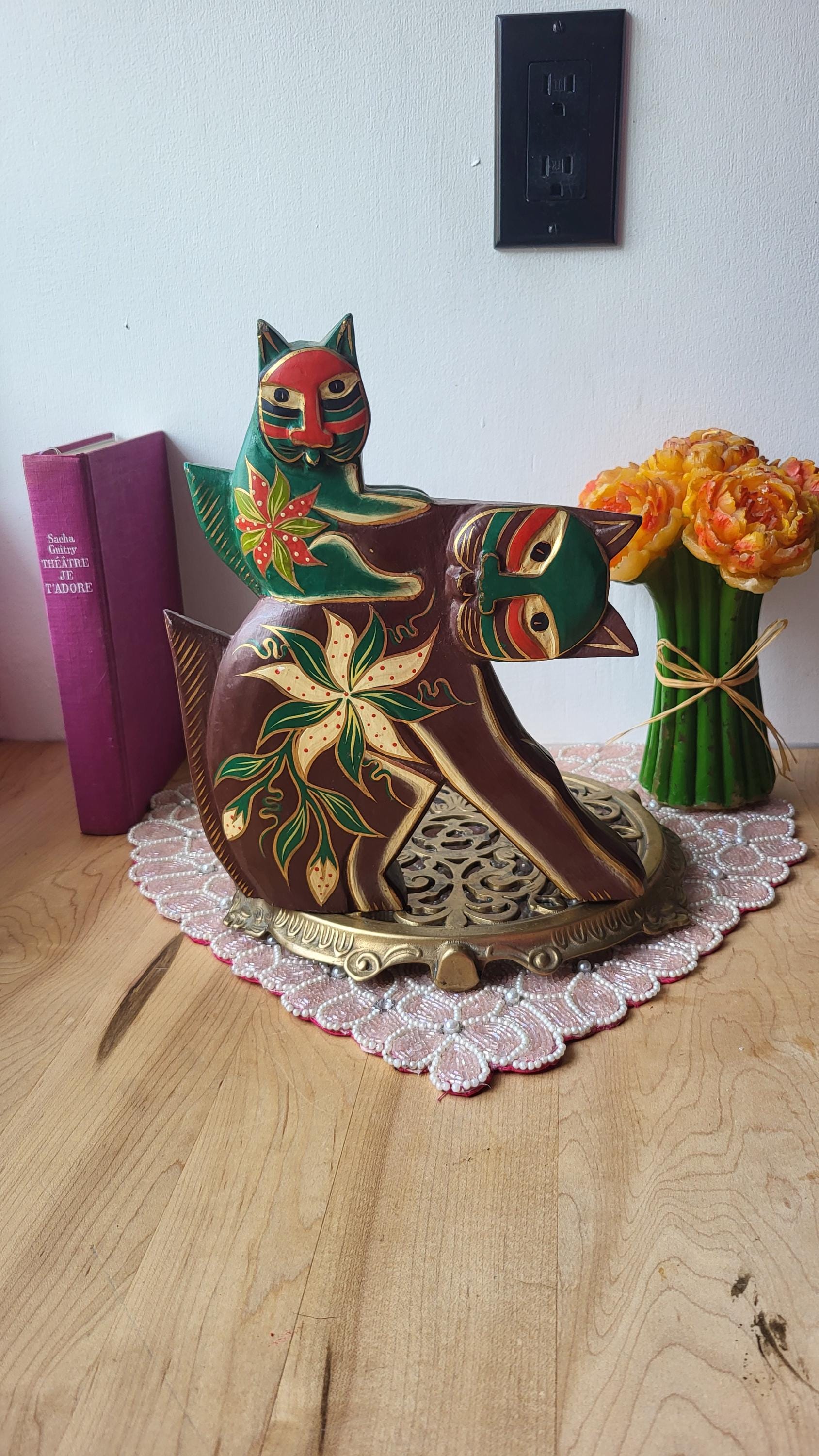 Vintage Laurel Burch Style Cat Figurine Collectible Wooden Cat