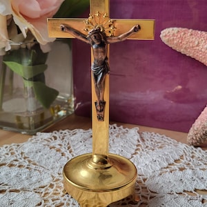 Vintage French, Crucifix, Free Standing Crucifix, Religious Ornament, Jesus Christ, Metal Cross, Brass Crucifix, Pedestal Cross, Cross