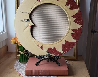 Miroir Vintage Bois Style Soleil Et Lune — Diamètre 40 Cm, Occasion Avec Défauts Mais Beau