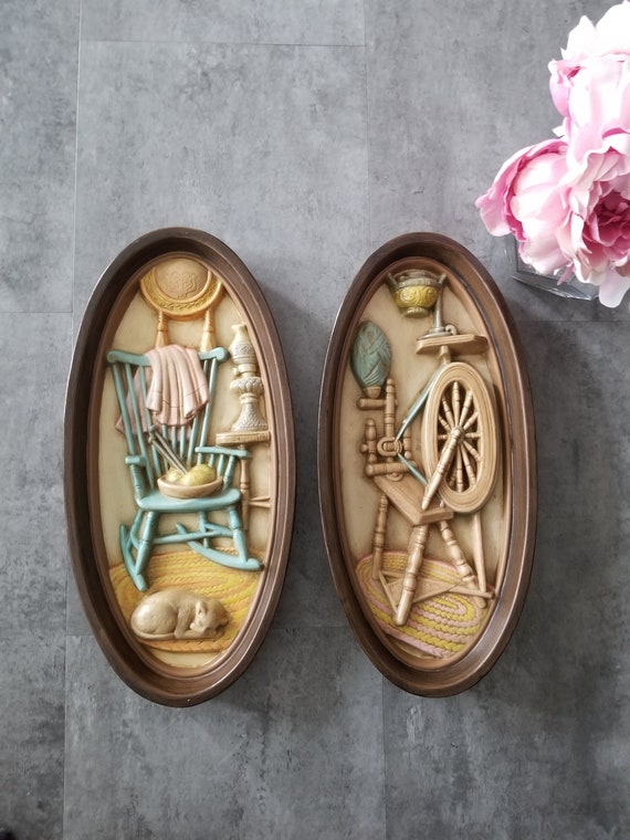 ヴィンテージ 1965年 楕円形 3D コテージ ウォールアート ペア Burwood