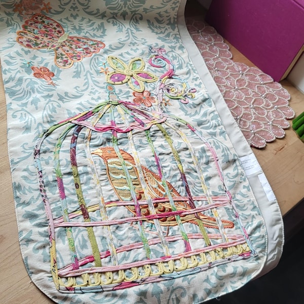 Vintage 90's Y2K Kitsch Table Runner With Tassels. Birds in Birdcage.