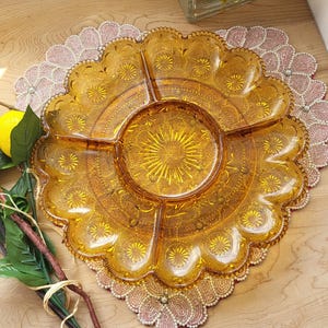 Vintage 1970s Brockway American Concord Divided Dish Amber Glass 11”