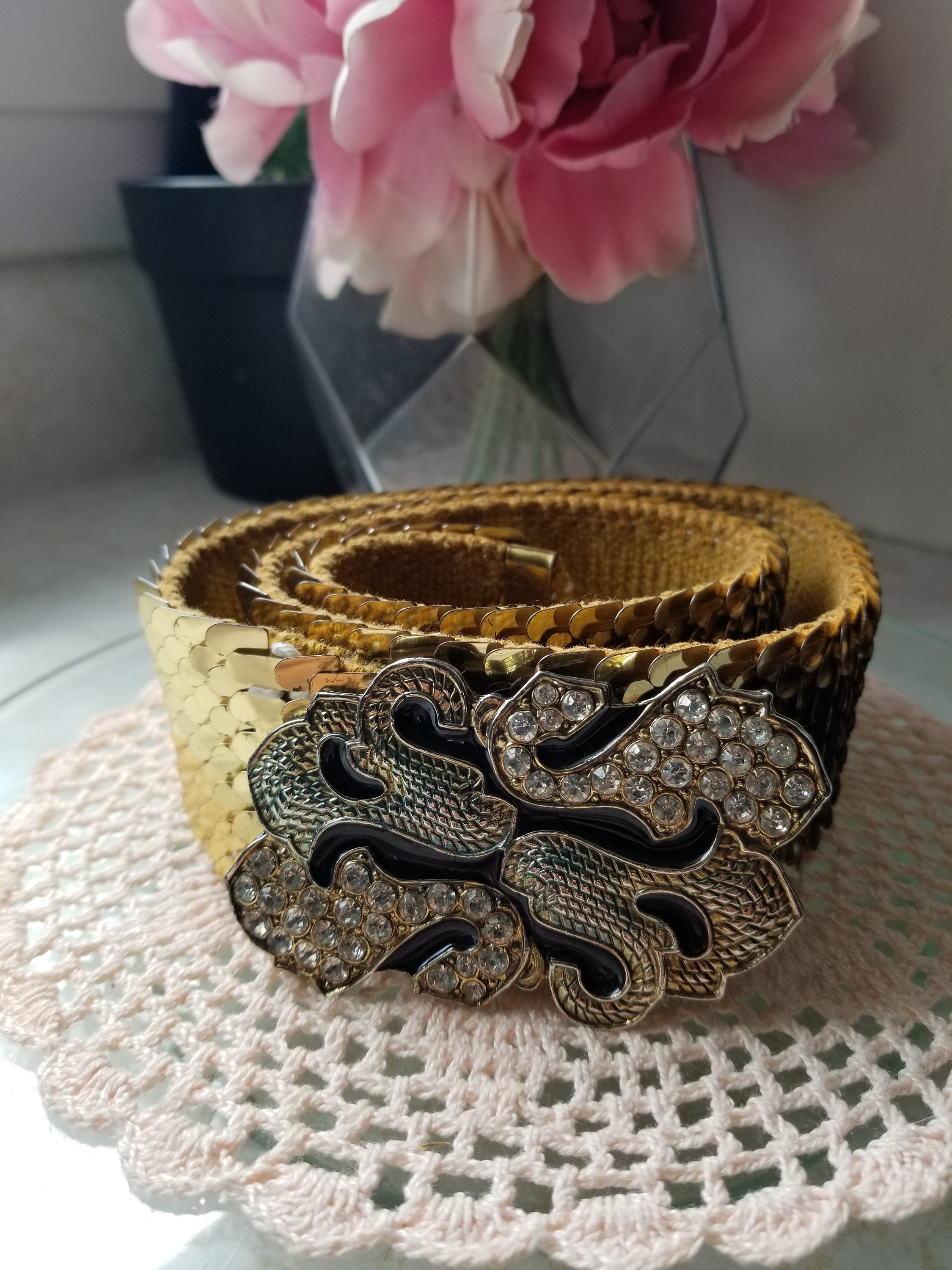 Ceinture Vintage élastique à écailles Métalliques - Boucle Argentée Des Années 60/70, Taille S