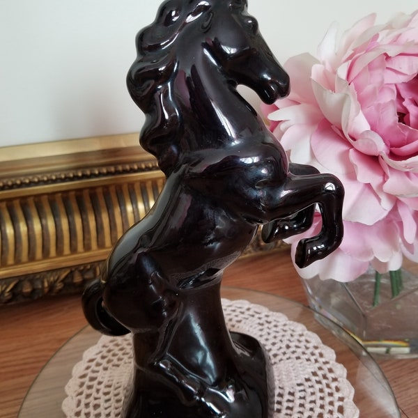 Vintage Black Glass Horse Figurine 80's Ceramic 10"